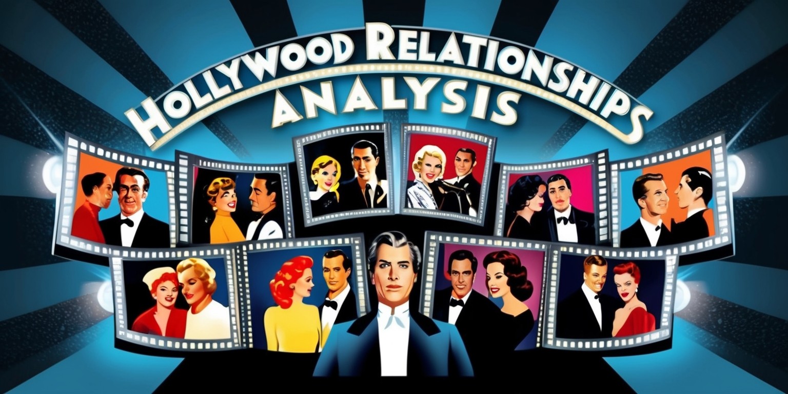 A dramatic, vintage-inspired illustration of various Hollywood relationships, featuring a central figure, possibly a film director, surrounded by fragmented screens displaying iconic celebrity couples from different eras, with bold, expressive lines, vibrant colors, and a mix of realistic and stylized portraits, set against a deep, gradient blue background, with spotlight-like highlights and subtle film grain texture, evoking the glamour of Old Hollywood, with the title Hollywood Relationships Analysis emblazoned in curved, Art Deco-style lettering, in shimmering silver and gold, across the top of the image, with the words Analysis in a smaller, yet striking, modern sans-serif font.