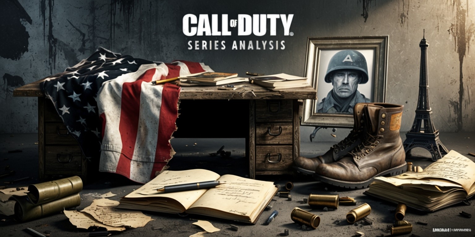 A dramatic illustration of the Call of Duty series analysis, set against a gritty, worn-out concrete background with distressed textures and tones of gray, brown, and black, evoking a sense of intensity and battle-worn fatigue. In the foreground, a large, torn, and faded American flag is draped over a worn wooden desk, littered with dog-eared notebooks, crumpled papers, and scattered bullet casings. A pair of worn military boots, adorned with badges and insignia, are seen strewn aside, with a cracked, Leather-bound book lying open, its pages revealing cryptic notes and annotations. Amidst the chaos, a silver-framed photograph of a soldier in combat gear, with a strong jawline, piercing blue eyes, and a determined expression, is propped against a miniature replica of the Eiffel Tower, paying homage to the series' World War II roots. The entire scene is bathed in a warm, golden light, with deep shadows, conveying a sense of nostalgia and reverence for the iconic gaming franchise.