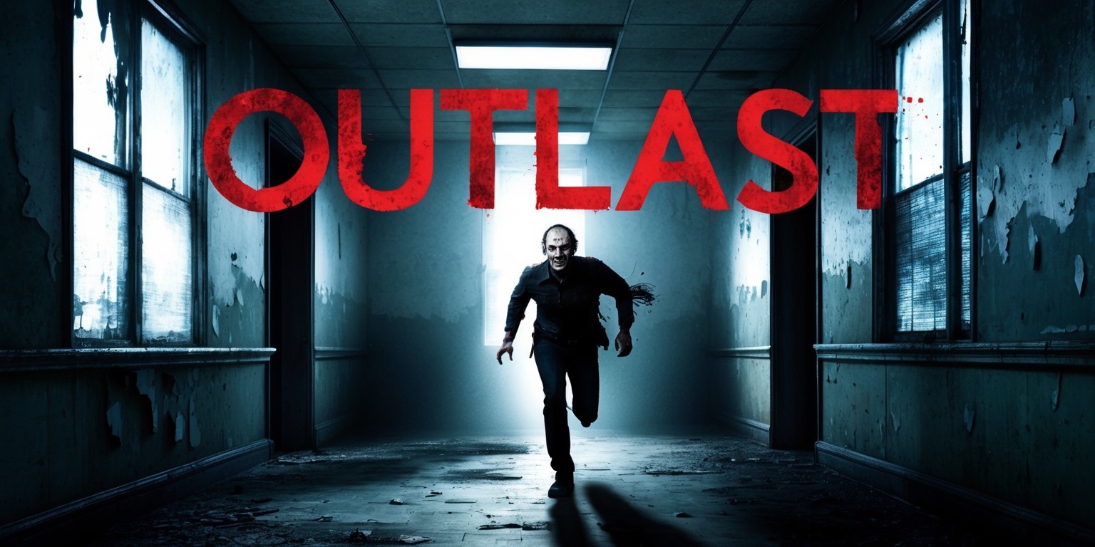 A hauntingly atmospheric poster capturing the essence of the Outlast movie, featuring a dimly lit, eerie asylum corridor with peeling walls, flickering fluorescent lights, and an eerie sense of foreboding, with a faint silhouette of a fleeing figure in the distance, possibly Blake Langermann, the protagonist, with a gaunt and terrified expression on his pale, sweat-drenched face, illuminated by the faint moonlight seeping through the grimy windows, surrounded by unsettling shadows and an air of tension, with bold, distressed font overlaid on top, proclaiming the title 