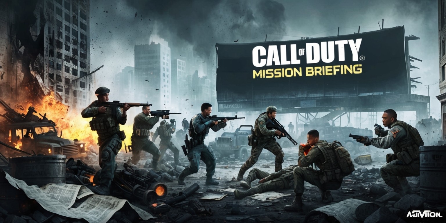 A dramatic, high-contrast illustration depicting a gritty, war-torn cityscape in the style of a Call of Duty game, with crumbling buildings, destroyed vehicles, and barricades in the foreground, set against a dark, muted color palette with flashes of orange and yellow from explosions and gunfire, with faint hints of blue and green from military equipment and illumination. In the midst of the chaos, a group of soldiers, each with distinctive facial features, skin tones, and military uniforms, are shown in various states of combat, with a mix of Caucasian, African American, and Asian ethnicities, with one soldier aiming a sniper rifle, another throwing a grenade, and a third providing medical aid to a wounded comrade. In the background, a massive, blown-out billboard displays the Call of Duty logo in bold, metallic letters, with the tagline 