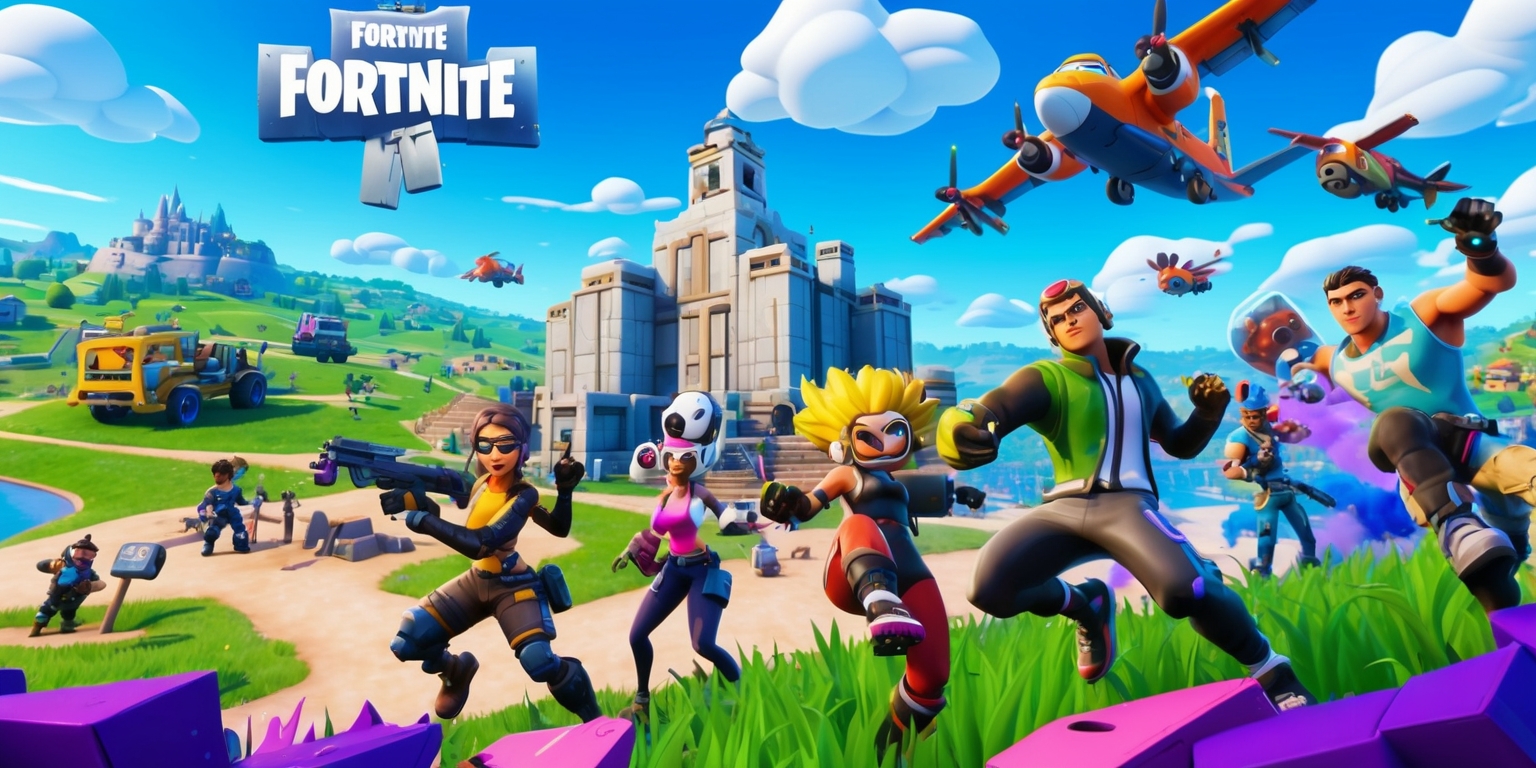 A vibrant, high-energy illustration of the popular battle royale game Fortnite, featuring a dynamic scene with various game elements, such as a sprawling map with different terrains, iconic buildings, and a fleet of colorful vehicles, including the Battle Bus flying overhead, set against a bright blue sky with fluffy white clouds. In the foreground, a few characters, known as skins, are engaged in an epic battle, showcasing their unique outfits, accessories, and animated expressions, with a focus on the game's signature cartoonish style and exaggerated features, like oversized eyes, bold hairstyles, and dynamic poses. The overall aesthetic is playful, fun, and action-packed, with bold lines, vibrant colors, and a sense of movement, capturing the essence of the game's fast-paced gameplay and competitive spirit.
