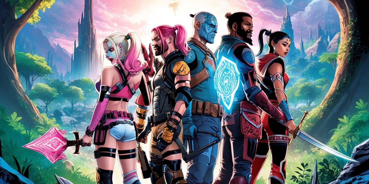 A vibrant, stylized illustration depicting the Suicide Squad, reimagined in a fantasy world inspired by Japanese isekai anime, with bold lines, dynamic poses, and dramatic shading. The Squad members, including Harley Quinn, Deadshot, Captain Boomerang, and Katana, stand back-to-back, gazing out at a mystical landscape with lush forests, towering spires, and ancient ruins in the background. Each character's attire blends their signature style with fantasy elements, such as intricate armor, mystical symbols, and magical accessories. Harley Quinn sports a flowing, cherry-blossom-pink hairdo, while Deadshot's mask glows with an ethereal blue light. Captain Boomerang wields a boomerang imbued with elemental magic, and Katana's sword shines with a sacred aura. The overall style is a fusion of anime-inspired art and DC Comics' iconic character designs, with vivid colors and an sense of epic adventure.