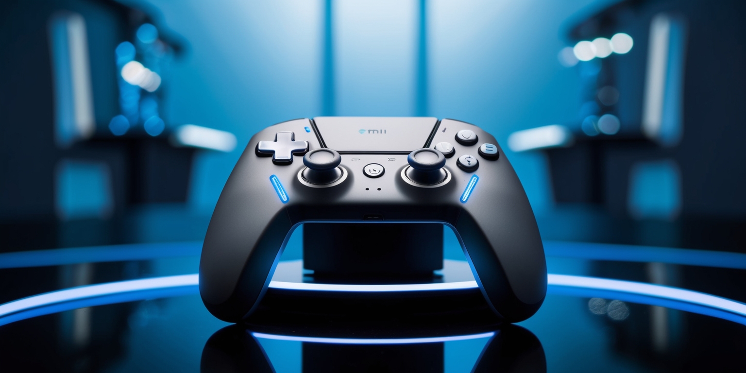 A sleek, futuristic wireless gaming controller sits atop a dark, reflective surface, surrounded by subtle, gradient-blue ambient lighting, drawing attention to its ergonomic design and advanced features. The controller's body is a matte, metallic gray with subtle curves and contours, providing a comfortable grip for gamers. The hall-effect thumbsticks, precision-engineered for accuracy, are adorned with subtle, customizable LED lights that pulse with a soft, blue glow. Programmable controls, denoted by minimalist, silver accents, line the controller's face, alongside a wireless charging indicator. A USB-C port, discreetly located at the top, completes the seamless, modern aesthetic. In the background, a blurred, high-tech laboratory setting, with sleek workstations and futuristic equipment, hints at the cutting-edge innovation behind this next-generation gaming controller. The overall atmosphere is one of sophistication, innovation, and high-performance gaming.