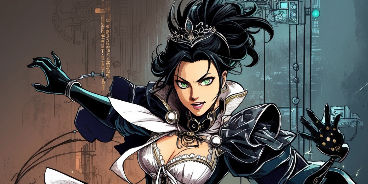 A vibrant, dynamic illustration inspired by the Code Geass: Rozé of the Recapture manga, featuring Rozé, the protagonist, in a dramatic pose, with intricate details on her costume, showcasing a blend of Victorian-era inspired attire with steampunk elements, set against a dark, muted background with subtle hints of industrial machinery, with bold lines, expressive shading, and textures that evoke a sense of grit and intensity, Rozé's facial features defined by her sharp jawline, piercing green eyes, and raven-black hair styled in an intricate updo, with subtle highlights of silver accents on her outfit, a small, intricate crown on her head, and a determined, empowering expression, surrounded by faint, glowing codes and circuits that highlight her connection to the mysterious power of Geass, with a mix of warm, muted colors and deep blues to create a sense of tension and anticipation.