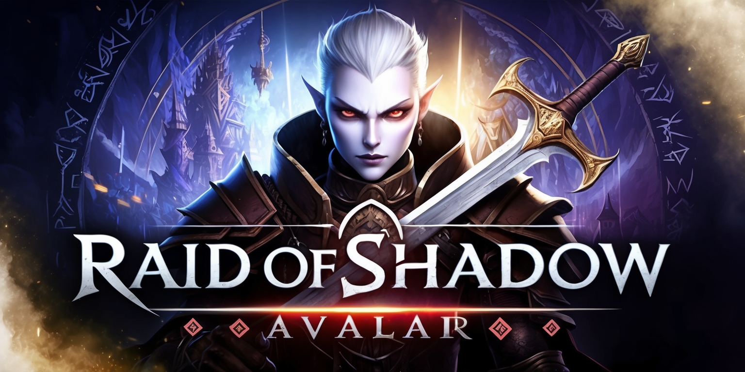 A dark fantasy illustration of the Avalar world from the Raid of Shadow RPG game, featuring a mystical realm with intricate details, set against a backdrop of deep blues and purples, with hints of golden light, showcasing a heroic figure with sharp facial features, pale skin, and piercing eyes, adorned in leather armor, wielding an elegant sword, surrounded by mystical symbols and ancient runes, with a subtle glow effect, in a cinematic layout with a slight blur effect in the background to emphasize the central figure, and a bold, gothic font displaying the game's title Raid of Shadow in silver color with a blood-red glow.