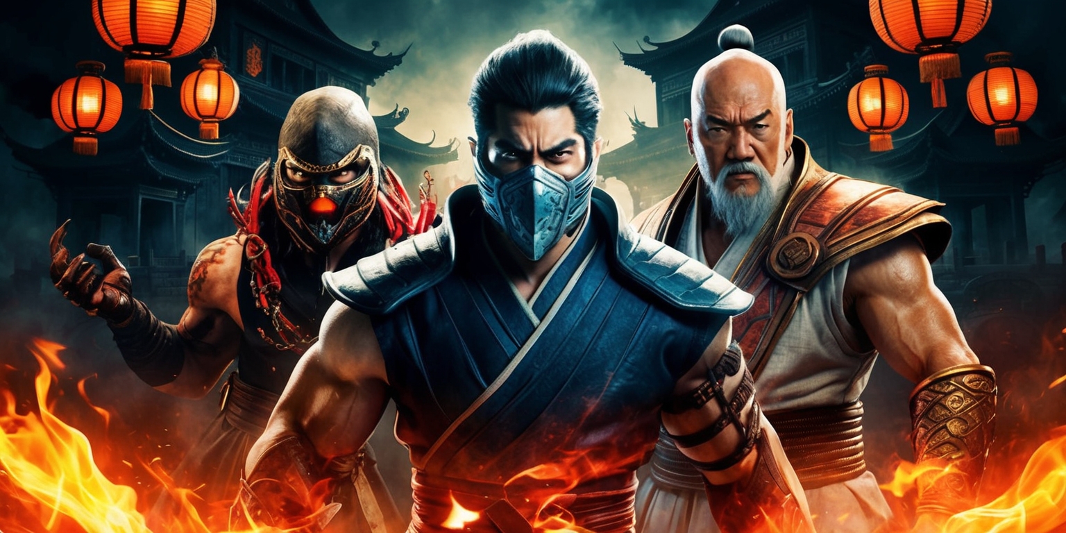 A dramatic scene from the Mortal Kombat movie, featuring Scorpion, Sub-Zero, and Raiden in the foreground, set against a dark, misty, and eerie backdrop of ancient temples and mystical energies, with a warm orange glow of lanterns and flames illuminating the characters' intense expressions, highlighting Scorpion's menacing gaze, Sub-Zero's icy stare, and Raiden's wise, weathered face, with bold, vibrant colors and dynamic brushstrokes, incorporating elements of ancient Chinese architecture, mysticism, and fantasy, with a sense of high-stakes battle and supernatural power, and a hint of bloodlust and revenge in the air.