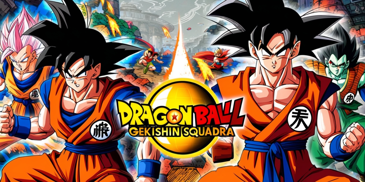 A vibrant and dynamic scene depicting characters from the Dragon Ball universe, specifically from the Gekishin Squadra game, set against a detailed and colorful background that blends elements of martial arts arenas and fantasy landscapes, with bold lines and bright colors, featuring iconic warriors like Goku and Vegeta, each with distinctive facial features, muscular builds, and unique gi, amidst a flurry of energetic movements and special effects, with dramatic lighting and textured shadows, and in the forefront, the Dragon Ball logo prominently displayed in a bold, golden font with a spherical shape, surrounded by subtle Japanese-inspired patterns and motifs.