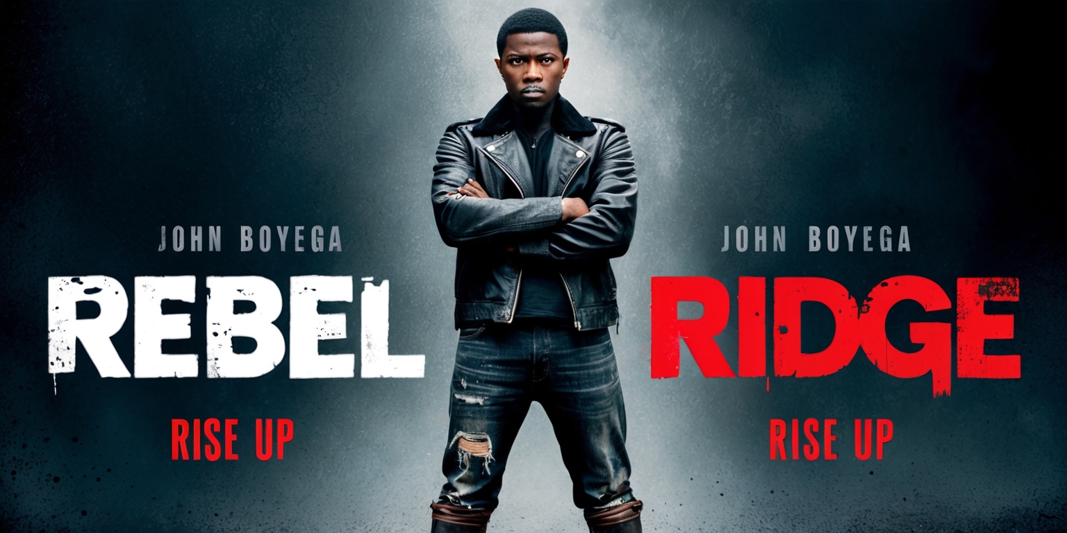 A gritty, high-contrast poster for the movie Rebel Ridge, set against a dark, ominous background with shades of indigo and grey, evoking a sense of tension and unease. In the foreground, a stern-faced John Boyega, playing the lead role, stands with his arms crossed, donning a black leather jacket, worn jeans, and scuffed combat boots, exuding a sense of rugged rebellion. His facial features are prominent, with a strong jawline, piercing brown eyes, and a determined expression. The title Rebel Ridge emblazoned across the top in bold, graffiti-style font, with the tagline Rise Up written in smaller text at the bottom, in a bright, fiery red that contrasts with the dark tone of the image. The overall aesthetic is edgy, raw, and unapologetic, capturing the essence of a gritty, hard-hitting drama.