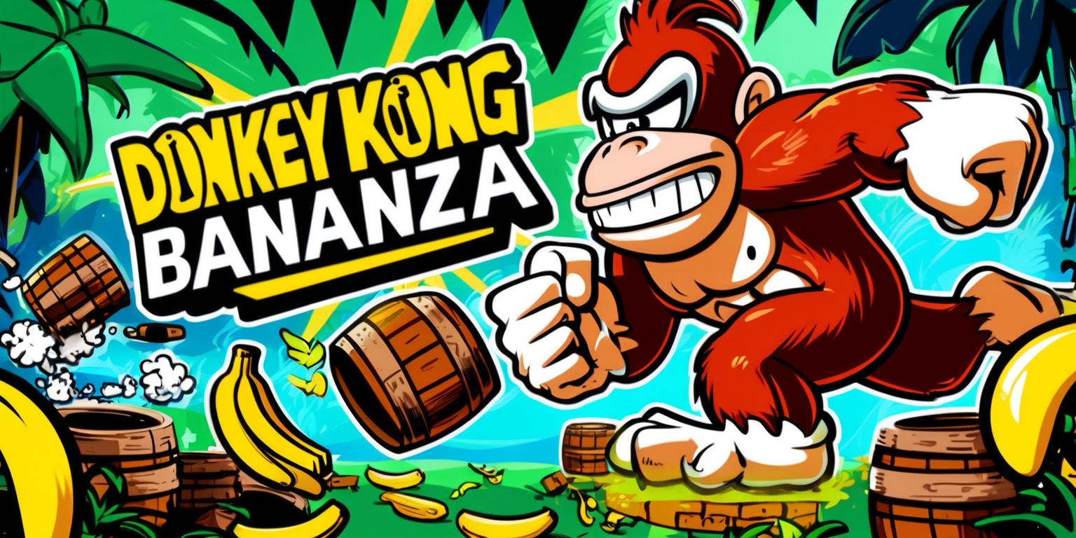 A vibrant and dynamic illustration of the Donkey Kong Bananza game, featuring Donkey Kong as the main character, with a bold and colorful visual style, set against a jungle or arcade-themed background, with bright shades of green, blue, and yellow, and incorporating elements of excitement and energy, with Donkey Kong's distinctive facial features and muscular physique prominently displayed, amidst a chaotic scene of bananas, barrels, and other obstacles, with a mix of digital and hand-drawn textures, and a sense of movement and action, capturing the essence of the classic arcade game.