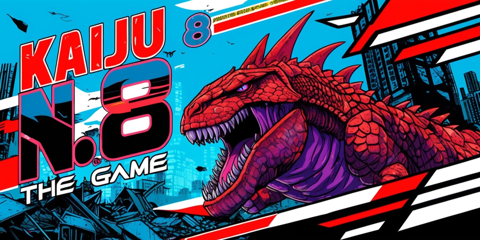 A vibrant video game cover art featuring Kaiju No. 8, a monstrous creature with scaly skin and sharp teeth, set against a cityscape backdrop with destroyed buildings and debris, in a dynamic composition with bold lines and bright colors, incorporating Japanese-inspired graphics and typography, with the game's logo prominently displayed in a futuristic font with neon blue and red hues, and the title Kaiju No. 8 The Game written in a curved line above the logo, with a tagline written in a smaller, sleek font at the bottom of the image.