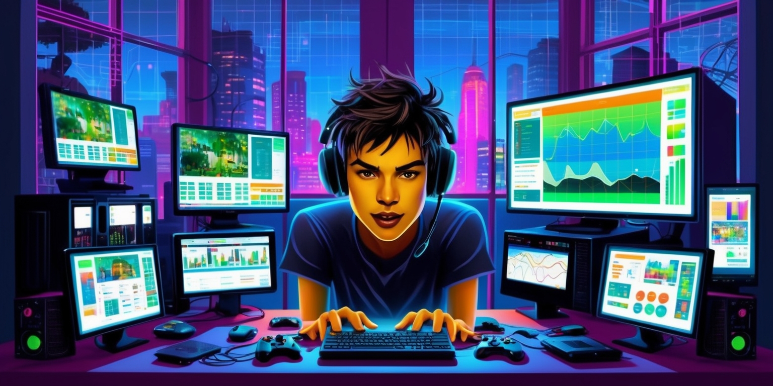A futuristic illustration of a gamer surrounded by multiple screens, consoles, and accessories, set against a neon-lit cityscape at dusk, with subtle grid of lines and codes overlaying the scenery, symbolizing the analytical aspect of the gaming industry, the gamer's face featuring a mix of concentration and excitement, with a subtle hint of determination, skin tone a warm olive, hair messy and unkempt, wearing a sleek black gaming headset, the multiple screens displaying a medley of game footage, charts, and graphs, with vibrant colors of blues, greens, and oranges, the overall composition busy yet harmonious, with a sense of dynamic energy, the cityscape outside the windows blurred, yet still discernible, adding a sense of realism, the illustration blending digital and traditional media, with bold lines, and textures, the entire scene lit by the soft glow of the screens and the city lights, with a subtle sense of depth and dimensionality.