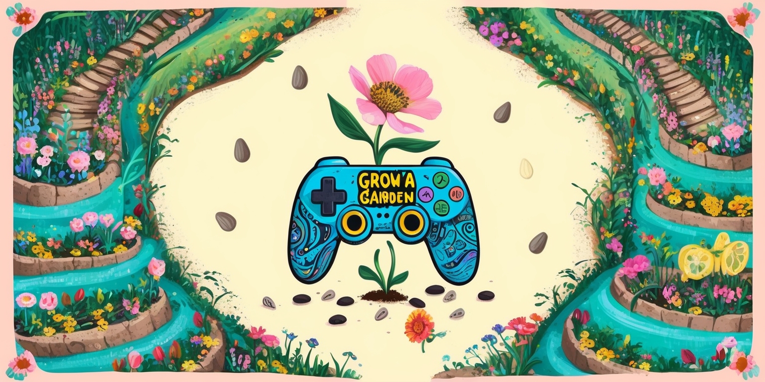 A whimsical illustration of a lush, vibrant garden, teeming with colorful flowers, overflowing planters, and winding pathways, set against a soft, creamy background. In the center, a delicate, illustrated flower is sprouting a game controller, surrounded by scattered seeds and tiny gardening tools. The game controller is adorned with intricately detailed buttons, joysticks, and a bright, glowing screen displaying the words Grow a Garden in bold, curly font. The overall aesthetic is playful, dreamy, and full of life, with bold lines, textures, and expressive brushstrokes. The colors are bright and pastel, with shades of pink, blue, yellow, and green, evoking a sense of wonder and growth. The illustration is framed by a subtle, ornate border, with tiny, illustrated flowers and leaves sprouting from the edges.
