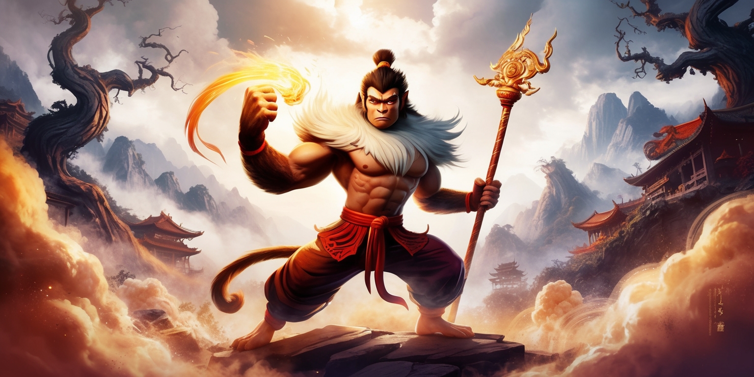 A vibrant, action-packed illustration depicting Wukong, the Monkey King, from the Black Myth universe, standing heroically in the center of a mystical, ancient Chinese-inspired landscape with misty mountains and twisted, gnarled trees in the background, surrounded by swirling clouds of dust and smoke. Wukong's muscular physique is showcased in a powerful stance, with his iconic staff, the Ruyi Jingu Bang, held confidently in his right hand, glowing with golden, ethereal energy. His fur is a layered, gradient mix of soft, fluffy whites and darker, richer browns, with a intelligent, determined glint in his piercing, golden eyes. The entire scene is bathed in warm, rich colors with hints of orange, red, and purple, evoking a sense of mythology and legend, with bold, dynamic brushstrokes and textures that evoke a blend of traditional Chinese art and modern, high-energy styling.